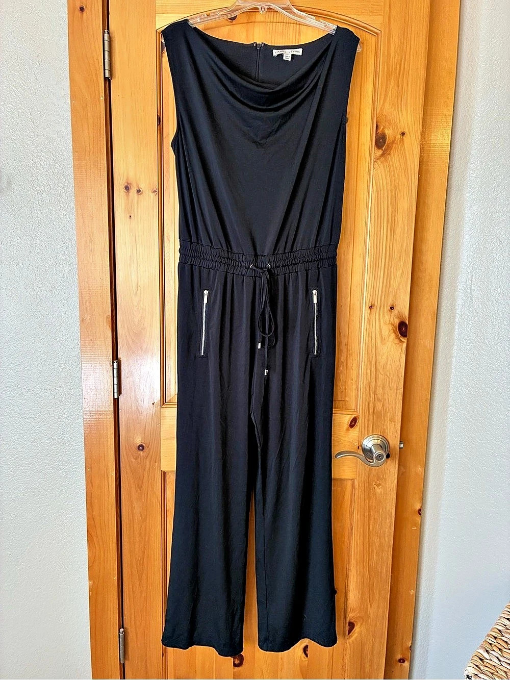 Larry Levine Black Wide-Leg Jumpsuit with Silver Zipper Accents